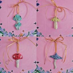 Mushroom Spirits Handmade Ceramic Mushrooms. Christmasmas Decoration Baubles. Pottery Gifts. Christmas Presents. Gold Details & Ribbons - thumbnail 2