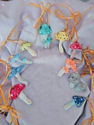 Mushroom Spirits Handmade Ceramic Mushrooms. Christmasmas Decoration Baubles. Pottery Gifts. Christmas Presents. Gold Details & Ribbons