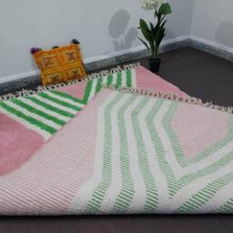 Handmade Beni Ourain Rug Pink & Green Checkered Moroccan Rug - thumbnail 4