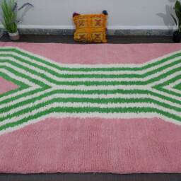 Handmade Beni Ourain Rug Pink & Green Checkered Moroccan Rug - thumbnail 3