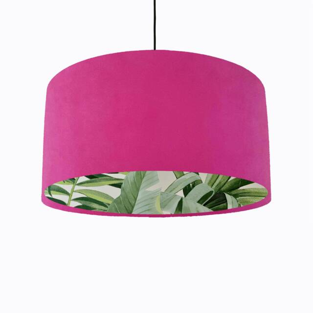Pink Velvet Drum Lampshade With Lush Green Leaves Lining, Large Tropical Lightshade - image 1