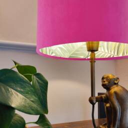 Pink Velvet Drum Lampshade With Lush Green Leaves Lining, Large Tropical Lightshade - thumbnail 2