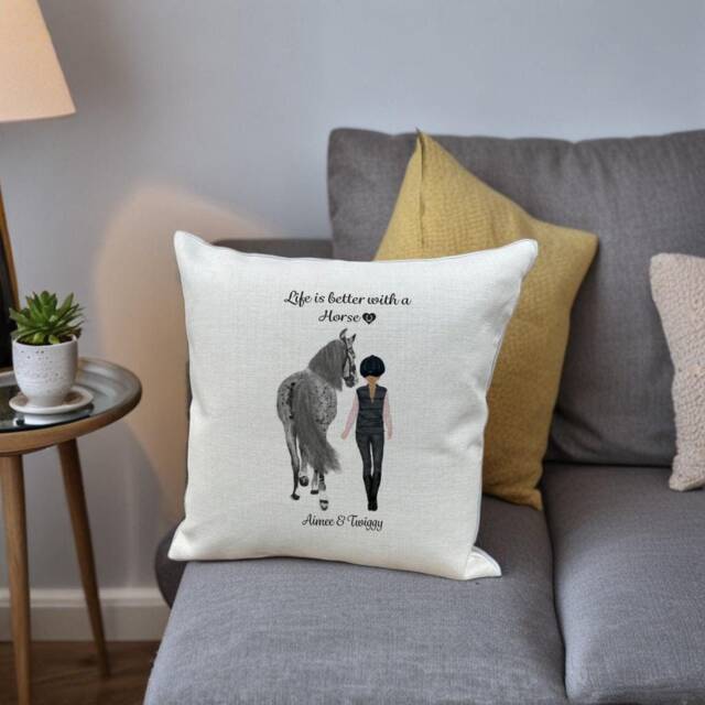 Personalized Horse & Rider Pillow, Equestrian Gift, Custom Portrait Cushion - image 1