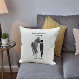 Personalized Horse & Rider Pillow, Equestrian Gift, Custom Portrait Cushion - thumbnail 1
