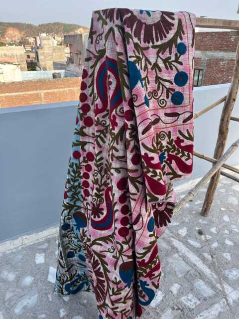 Handcrafted Cotton Kantha Suzani Quilt - Reversible Floral Patchwork Bedspread For King Size Bed With Traditional Indian Embroidery - image 1