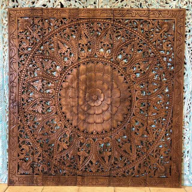 Carved Wood Headboard Queen, Mandala Headboard, Hand Teak Wall Art Panel, Thai Carving, Asian Panel Brown 60