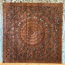 Carved Wood Headboard Queen, Mandala Headboard, Hand Teak Wall Art Panel, Thai Carving, Asian Panel Brown 60