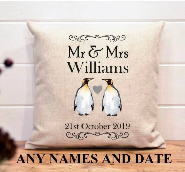 Personalised Cushion, Penguin, Wedding, Anniversary, Mr & Mrs, Wedding Day, Bride, Groom, Gift, Established Since, Married - image 1