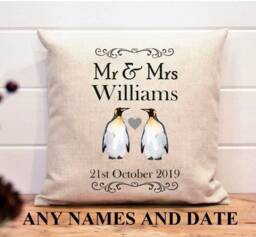 Personalised Cushion, Penguin, Wedding, Anniversary, Mr & Mrs, Wedding Day, Bride, Groom, Gift, Established Since, Married - thumbnail 1