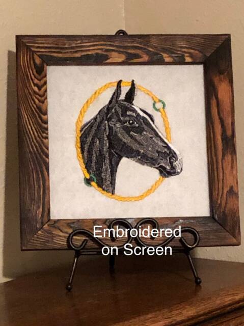 Horse Head Picture Frame, Embroidered Wall Hanging On Screen, Handmade Charred Pinewood Cowboy Rodeo Western Cream Brown, Horse Shoe - image 1