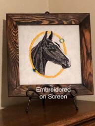 Horse Head Picture Frame, Embroidered Wall Hanging On Screen, Handmade Charred Pinewood Cowboy Rodeo Western Cream Brown, Horse Shoe - thumbnail 1
