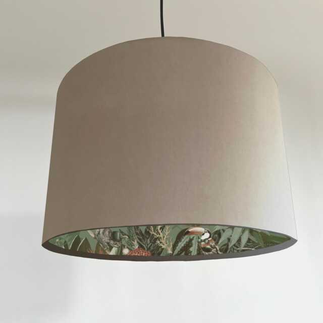Cream Velvet Wonderland Drum Lampshade, Double Sided Lampshade With Sage Paper On Interior - image 1