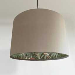 Cream Velvet Wonderland Drum Lampshade, Double Sided Lampshade With Sage Paper On Interior