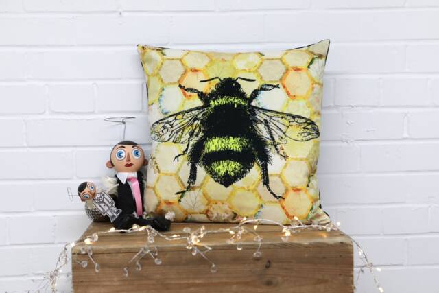 Yellow Bee Cushion Velvet 45cm X Cushions Pillows Limited Edition Honeycomb Bees Manchester - image 1