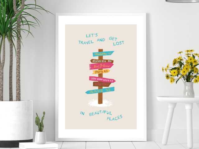 Travel & Get Lost - Wall Print Abstract Art Beach Holiday Sweet Quote Gift Idea Bespoke Poster A5 A4 A3 Framed Or Unframed - image 1
