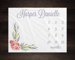 Girl Milestone Blanket Month Growth Tracker Minky Fleece Custom Personalized Baby Shower Gift Watercolor Floral Newborn - thumbnail 1