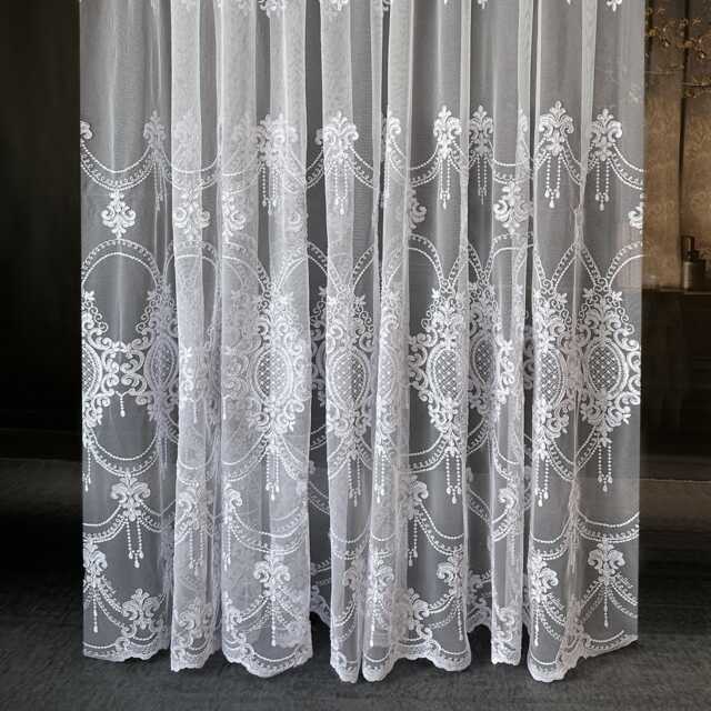 Luxury Damask Embroidered Victorian Sheer Lace Curtains Living Room Voile Tulle - Pencil Pinch Pleat - image 1