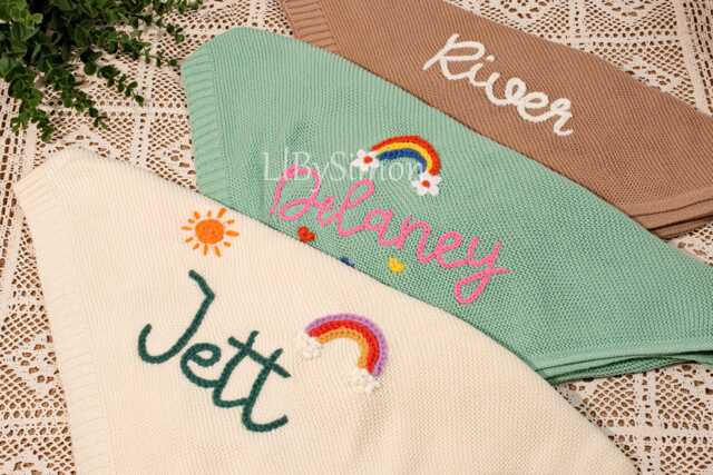 Personalized Baby Blanket Hand Embroidered Organic Cotton Knit - image 1