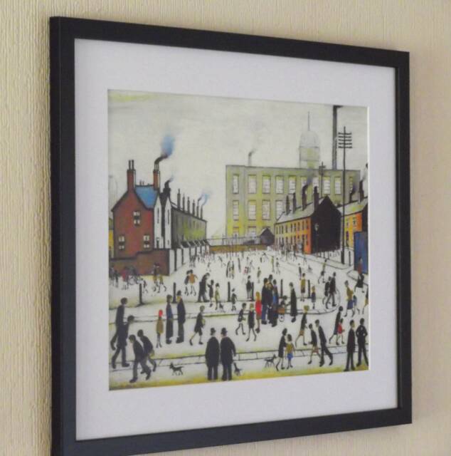 L S Lowry Art Print - Mill Scene With Figures Satin Black Frame With White Mount & Textured Image - image 1