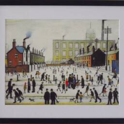 L S Lowry Art Print - Mill Scene With Figures Satin Black Frame With White Mount & Textured Image - thumbnail 2