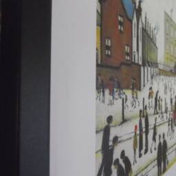 L S Lowry Art Print - Mill Scene With Figures Satin Black Frame With White Mount & Textured Image - thumbnail 3