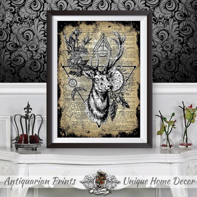 stag Art Print With Dictionary Background, Wiccan Occult Collection, Pentagram Witchcraft Artwork, Poster Print Magical Deer, Animal - image 1
