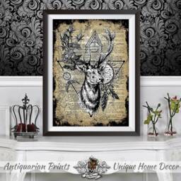 stag Art Print With Dictionary Background, Wiccan Occult Collection, Pentagram Witchcraft Artwork, Poster Print Magical Deer, Animal - thumbnail 1