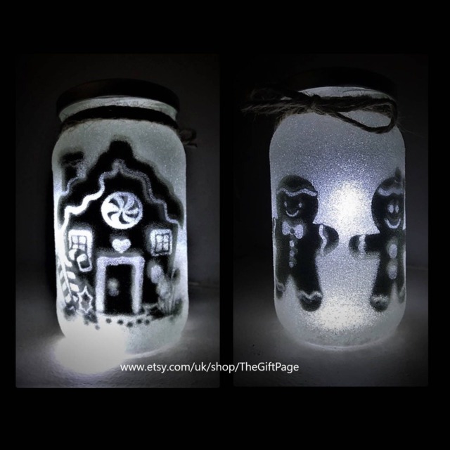 Gingerbread House Fairy Jar Night Light Etched Holiday Decor - image 1