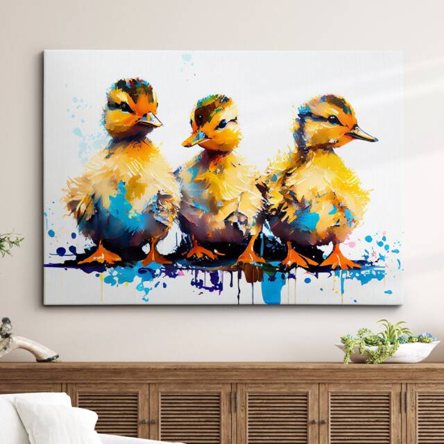 Beautiful Ducklings Abstract Oil Animal Duck Painting Splatter Style Wall Art Framed Canvas Poster Print, Home/Office Room Decor Gifts - image 1