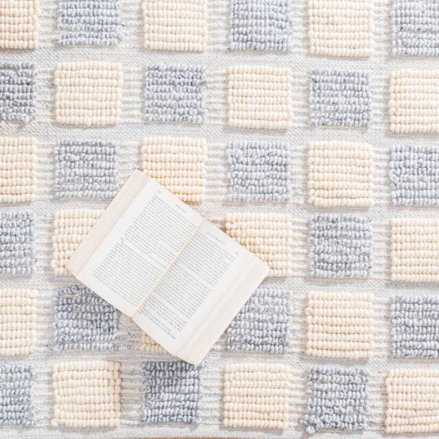 The Indoor Store - Hand Woven Wool Area Rug, Grey & Off-White, Geometric Dhurrie - image 1