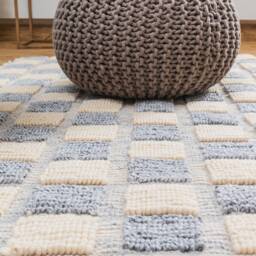 The Indoor Store - Hand Woven Wool Area Rug, Grey & Off-White, Geometric Dhurrie - thumbnail 3