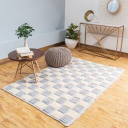The Indoor Store - Hand Woven Wool Area Rug, Grey & Off-White, Geometric Dhurrie - thumbnail 2