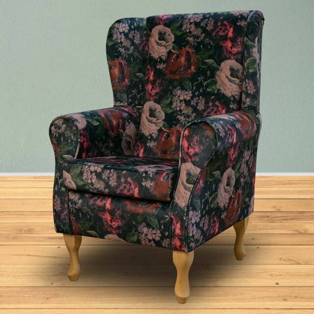Wingback Fireside Armchair Velvet Wine Blossom Floral Print Upholstered Fabric - British Handmade - image 1