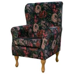 Wingback Fireside Armchair Velvet Wine Blossom Floral Print Upholstered Fabric - British Handmade - thumbnail 3
