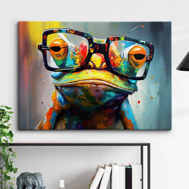 Fun & Unique Frog With Glasses Abstract Modern Painting Wall Art, Framed Canvas Poster Print, Home Kitchen Office Room Decor, Gifts - image 1