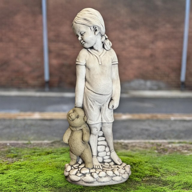 Concrete Girl With Teddy Bear Sculpture Cute Statue Stone Child Figurine Outdoor Patio Decor Handcrafted Cement Ornament Kids Art Gift - image 1
