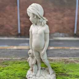Concrete Girl With Teddy Bear Sculpture Cute Statue Stone Child Figurine Outdoor Patio Decor Handcrafted Cement Ornament Kids Art Gift - thumbnail 2