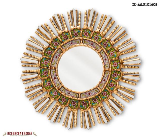 "Mohena Wood Round Sunburst Wall Mirror 17.7In With Bronze Leaf, ""Verdant Spring" - image 1