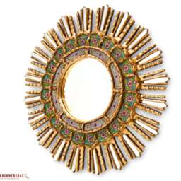 "Mohena Wood Round Sunburst Wall Mirror 17.7In With Bronze Leaf, ""Verdant Spring" - thumbnail 2