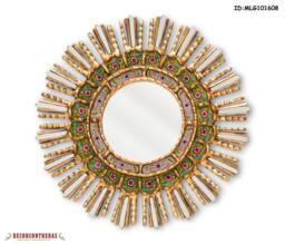 "Mohena Wood Round Sunburst Wall Mirror 17.7In With Bronze Leaf, ""Verdant Spring"