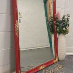 French Louis Ornate Dress Mirror Painted Red Gold Leaf Gilding - thumbnail 3