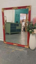 French Louis Ornate Dress Mirror Painted Red Gold Leaf Gilding - thumbnail 1