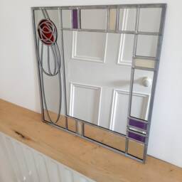 Rennie Mackintosh Style Stained Glass Effect Mirror Handmade Gift Art Nouveau Rose 4 30x30cms - thumbnail 3