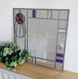 Rennie Mackintosh Style Stained Glass Effect Mirror Handmade Gift Art Nouveau Rose 4 30x30cms