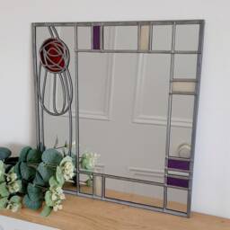 Rennie Mackintosh Style Stained Glass Effect Mirror Handmade Gift Art Nouveau Rose 4 30x30cms - thumbnail 2