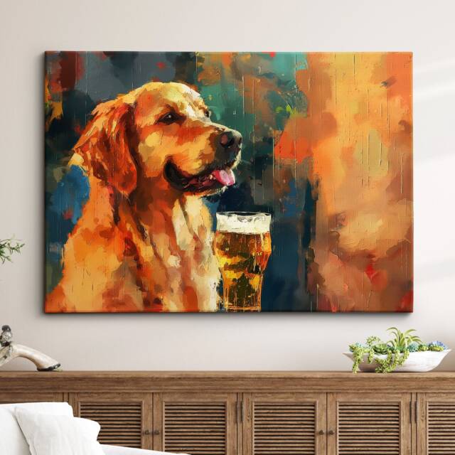 Golden Retriever Beer Glass Painting Framed Poster Print & Canvas Wall Decor Art Bar Kitchen Room Dog Gift Idea Pet - image 1