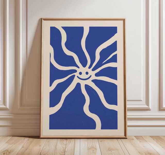 Smiley Sun Wall Art Print, Bold Minimalist Poster, Modern Abstract Sunshine Illustration, Playful Blue Artwork, Contemporary Happy Decor - image 1