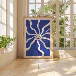 Smiley Sun Wall Art Print, Bold Minimalist Poster, Modern Abstract Sunshine Illustration, Playful Blue Artwork, Contemporary Happy Decor - thumbnail 3