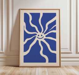 Smiley Sun Wall Art Print, Bold Minimalist Poster, Modern Abstract Sunshine Illustration, Playful Blue Artwork, Contemporary Happy Decor - thumbnail 1