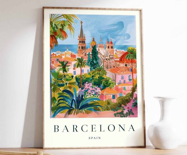 Barcelona Travel Poster Spain Wall Art, Tropical Botanical Print - image 1